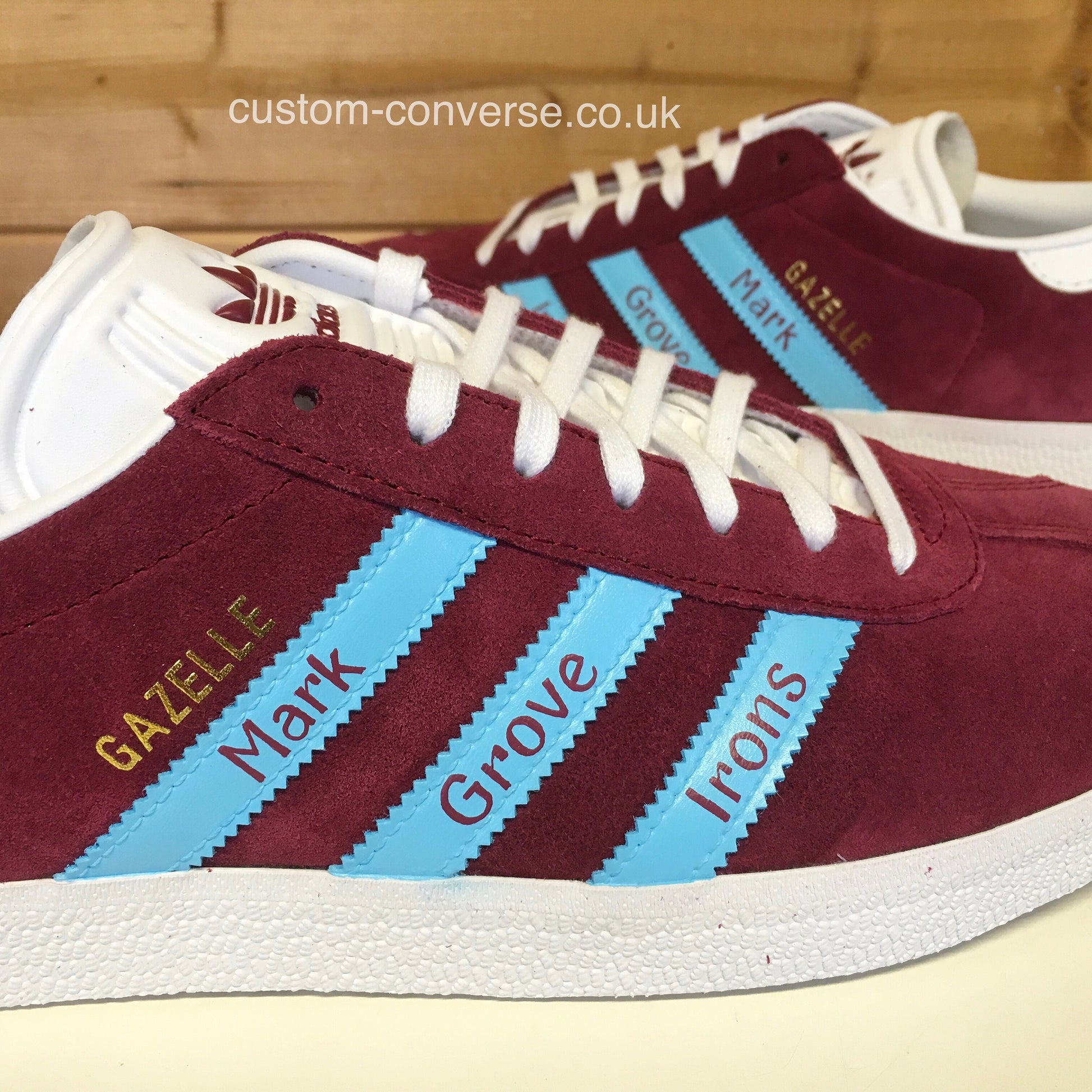 Personalised Adidas Gazelle claret and blue stripes