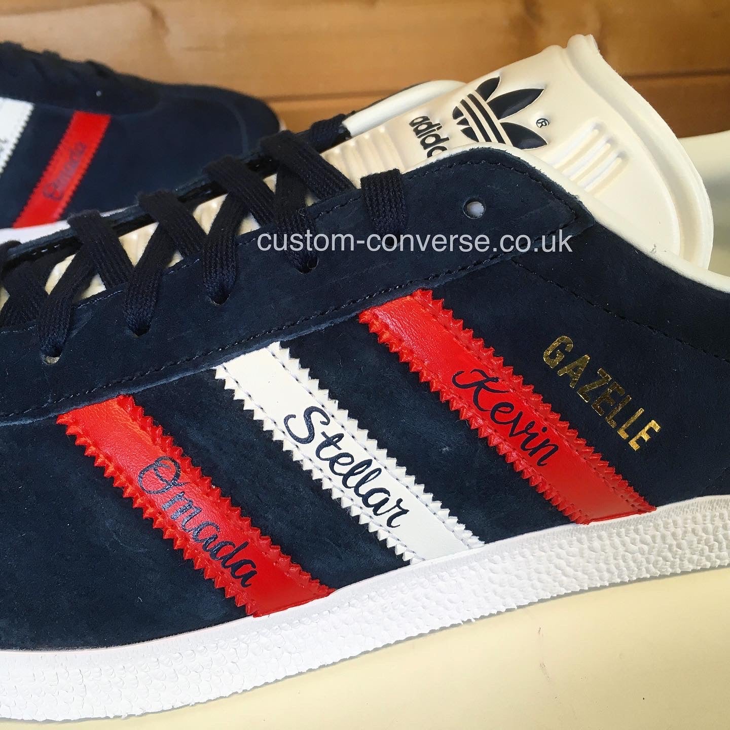 Personalised Adidas Gazelle with coloured stripes