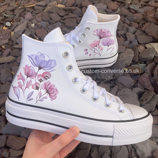 Leather Floral Bouquet Converse high tops with layered floral tattoo design, side view