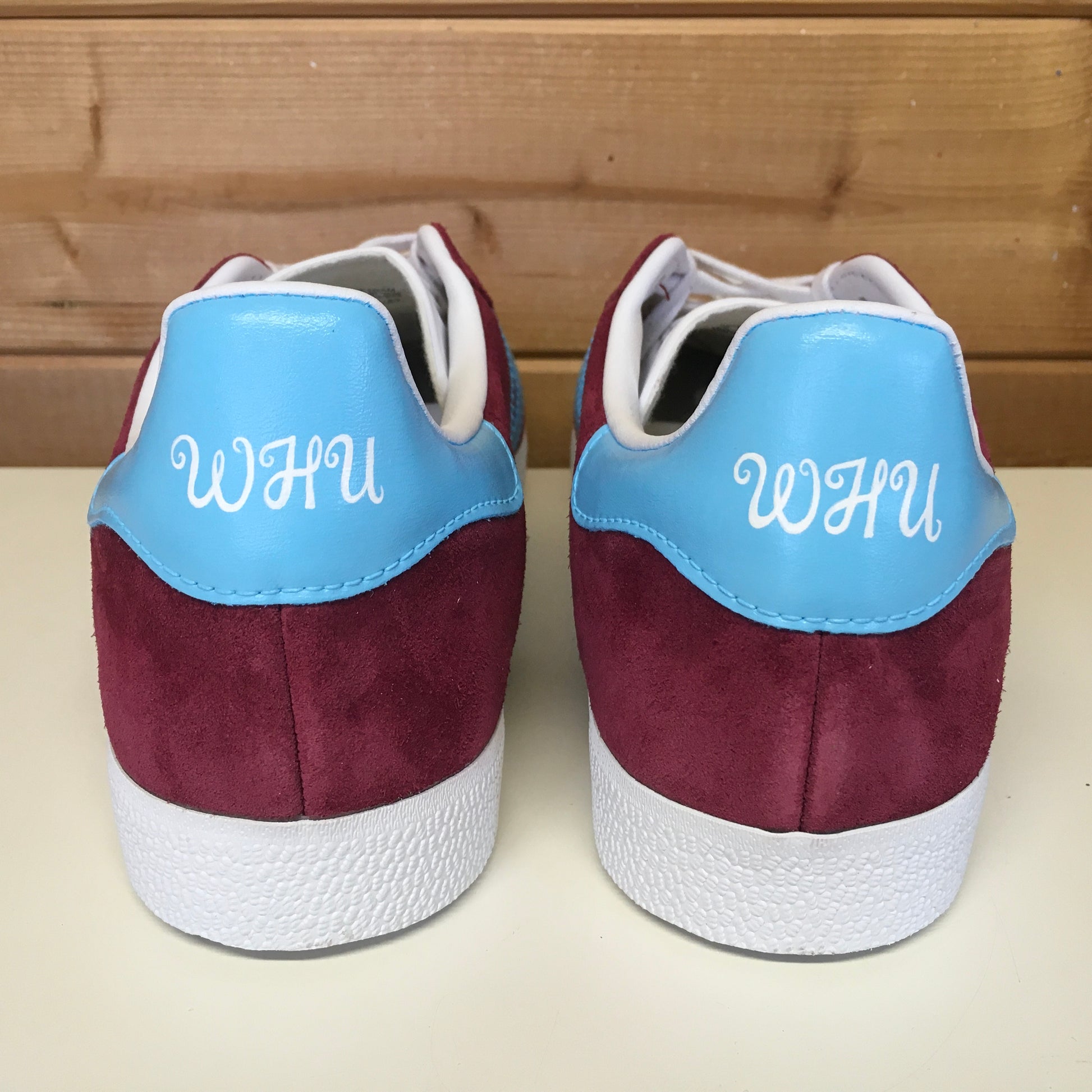 Custom Adidas Gazelle with claret and blue heel