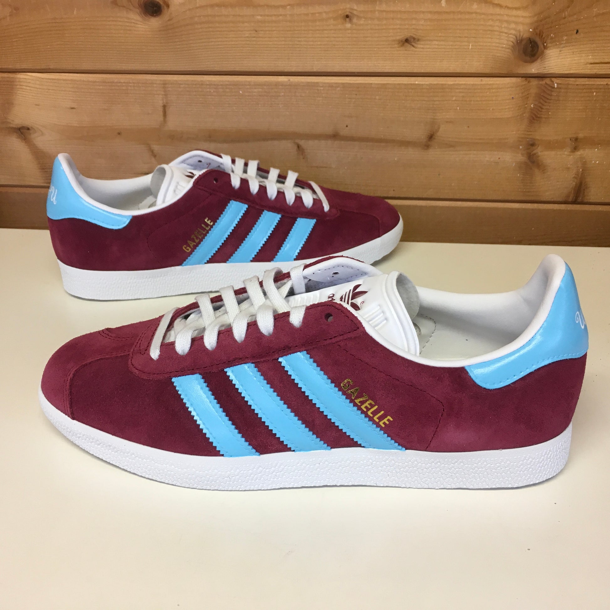 Claret and Blue Adidas Gazelle gift shoes for football fans