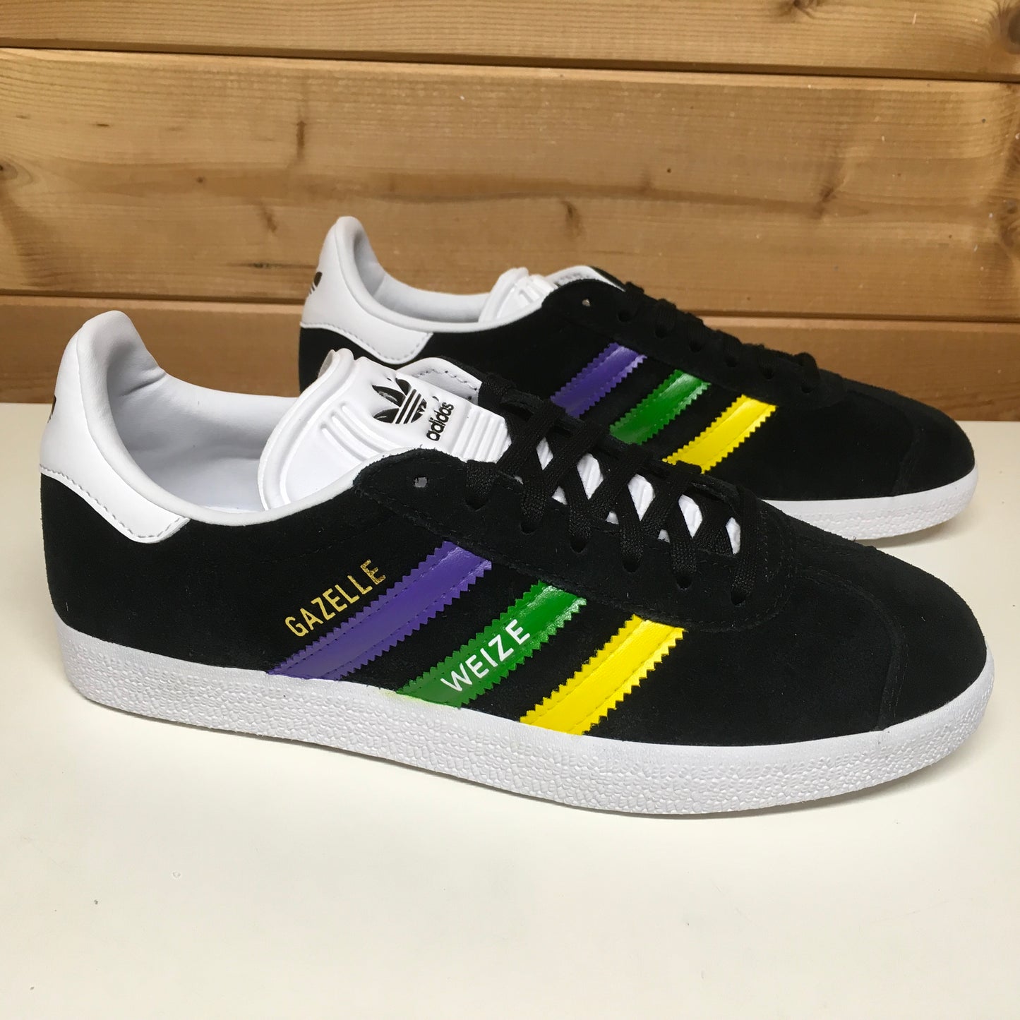 Personalised Adidas Gazelle with coloured stripes