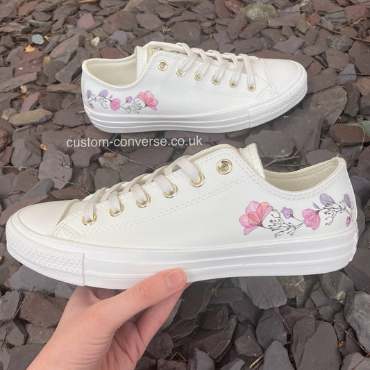 Leather Floral Tattoo Converse low tops with floral temporary tattoo design, side view