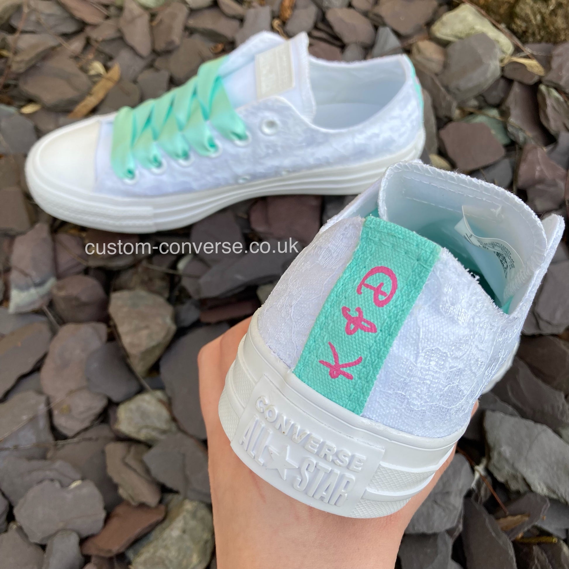Wedding Converse with lace covering and personalised heels