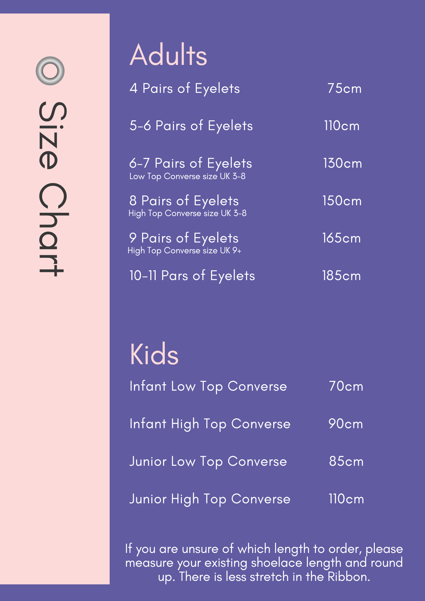 Custom Converse Ltd. Ribbon Shoelaces size chart guide