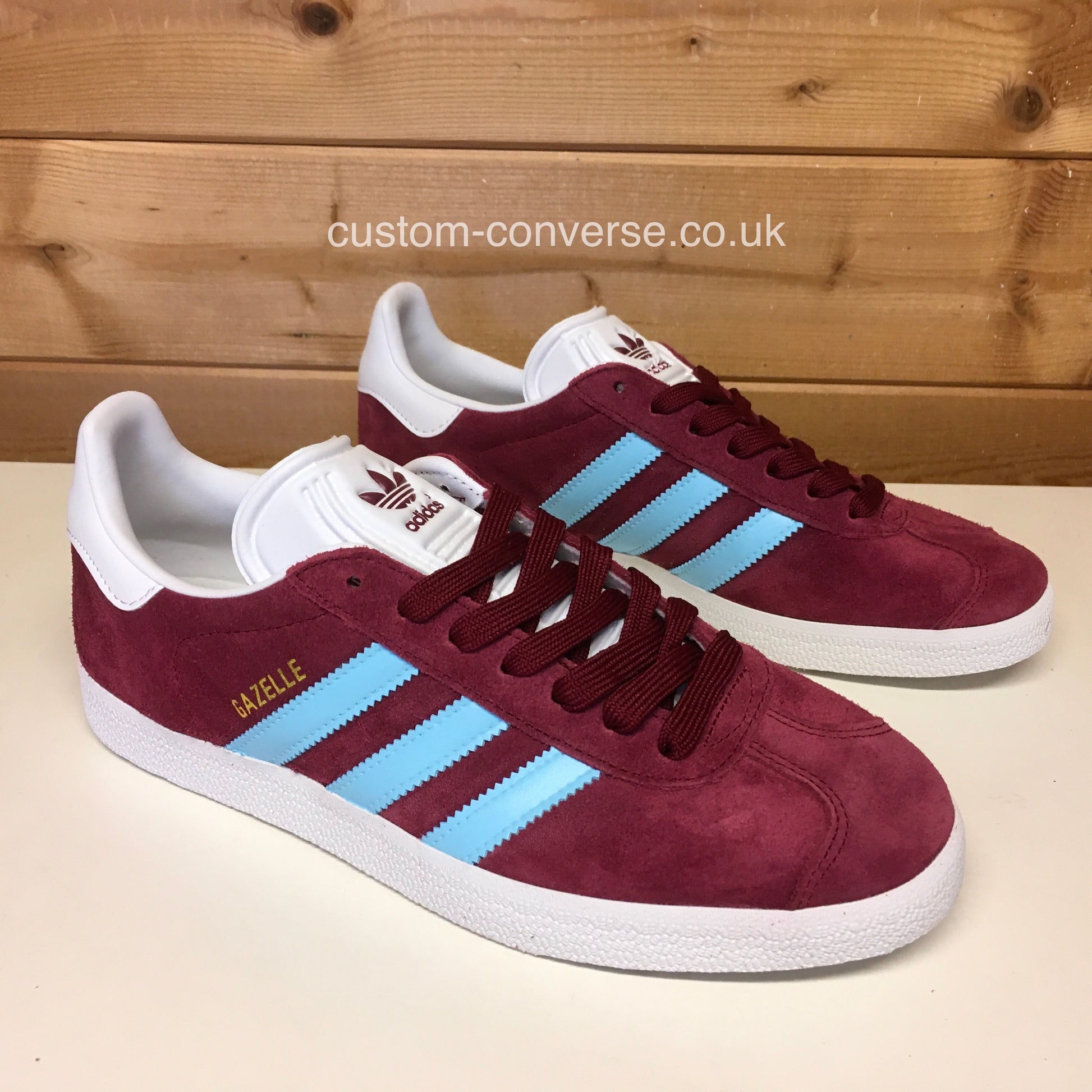 Claret and Blue Adidas Gazelle custom trainers