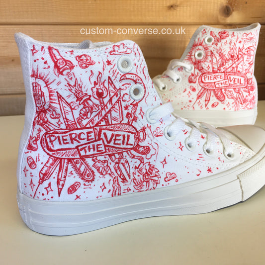 Close-up of Misadventures album artwork painted on monowhite Converse canvas
