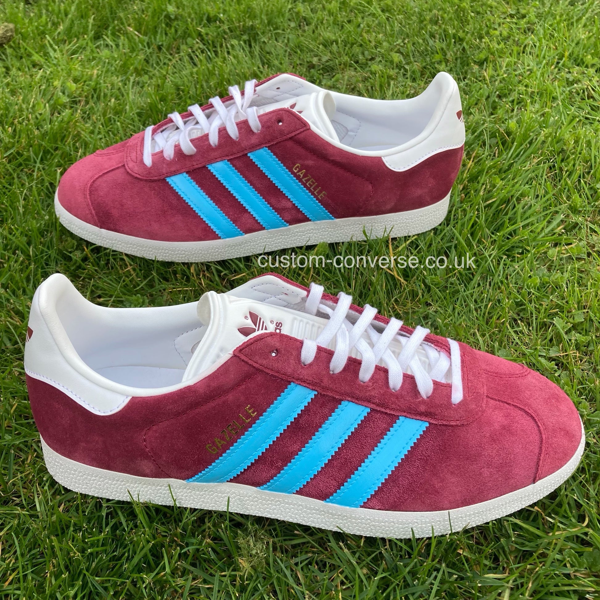 Claret and Blue Adidas Gazelle custom trainers