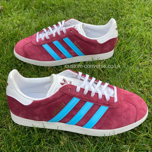Claret and Blue Adidas Gazelle custom trainers