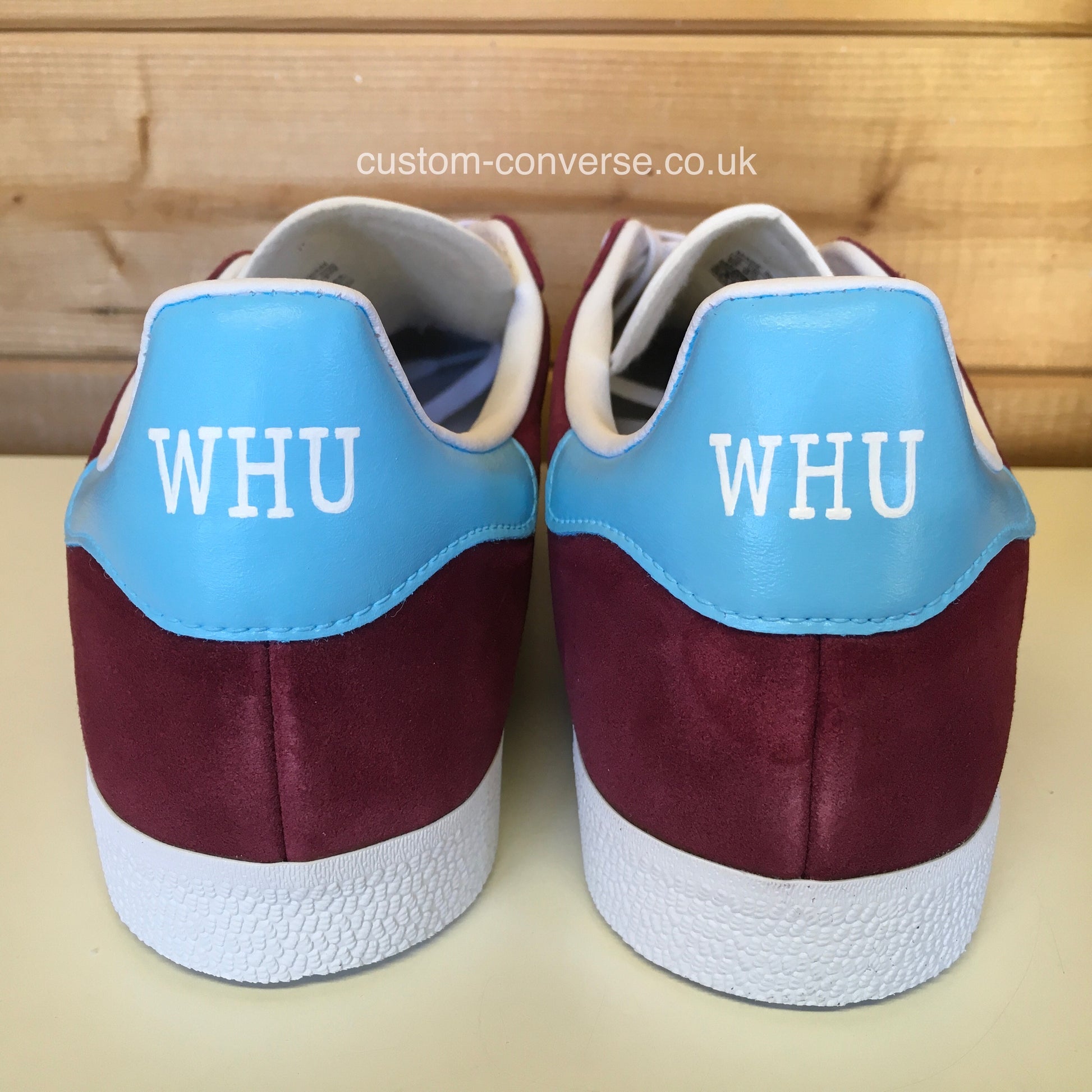Custom Adidas Gazelle with claret and blue heel