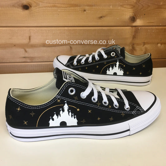 Hand-painted Disney Castle Silhouette Converse in black, side view of custom trainers
