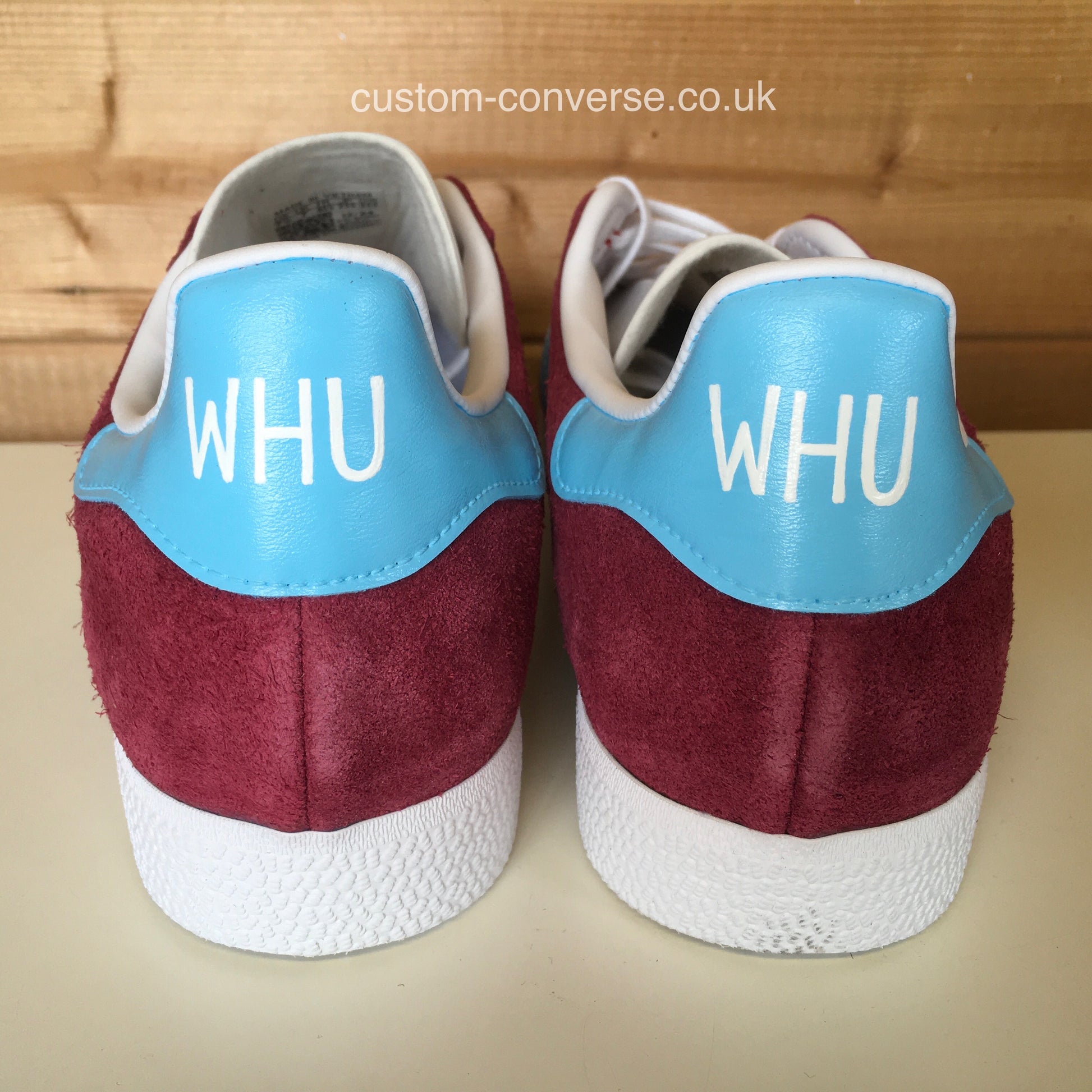 Custom Adidas Gazelle with claret and blue heel