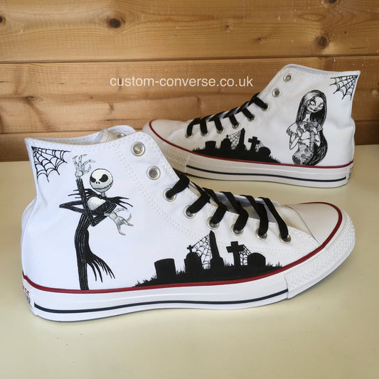 Pair of made-to-order Jack and Sally Gravestones Converse displayed at an angleside view