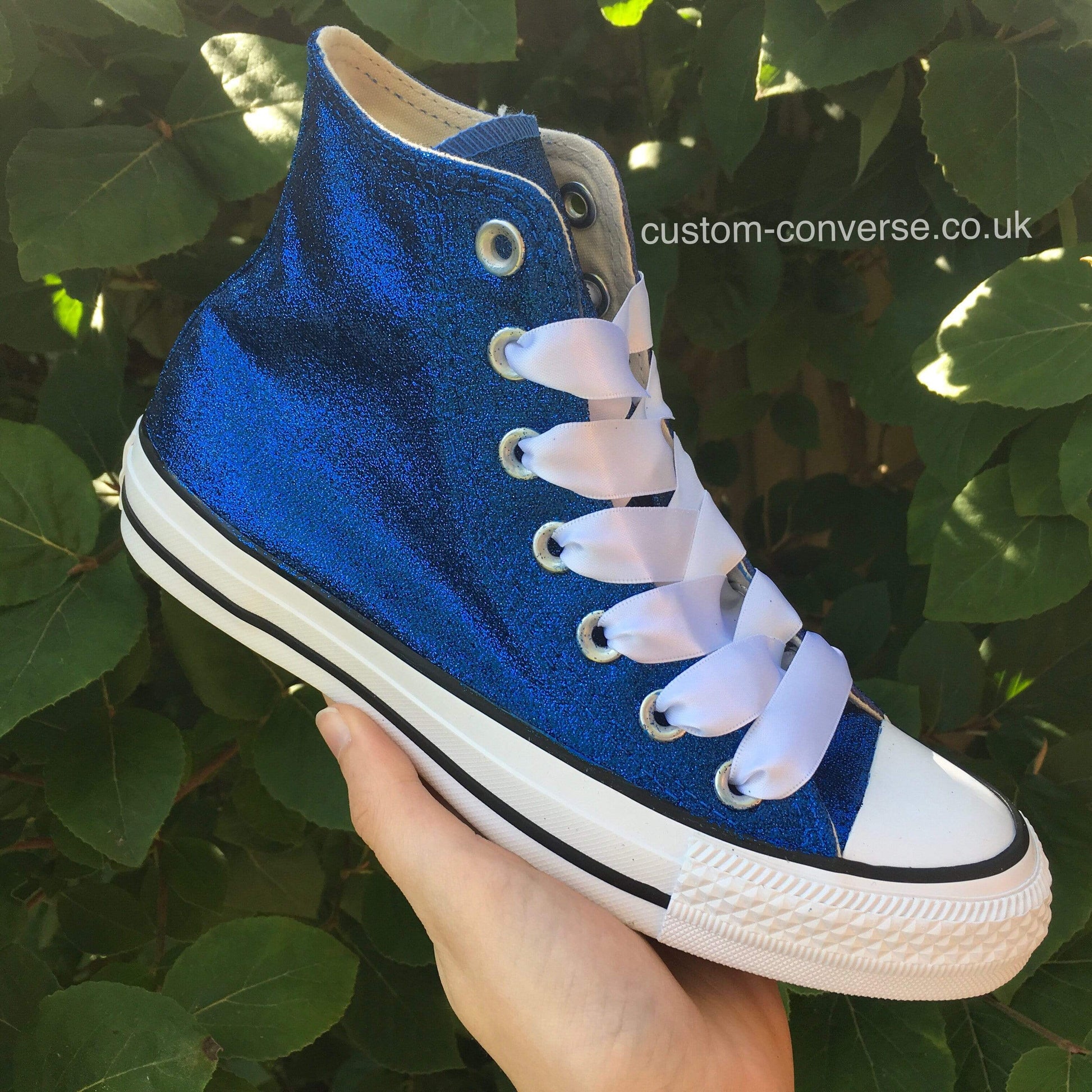 Custom sparkly Converse with satin ribbon laces