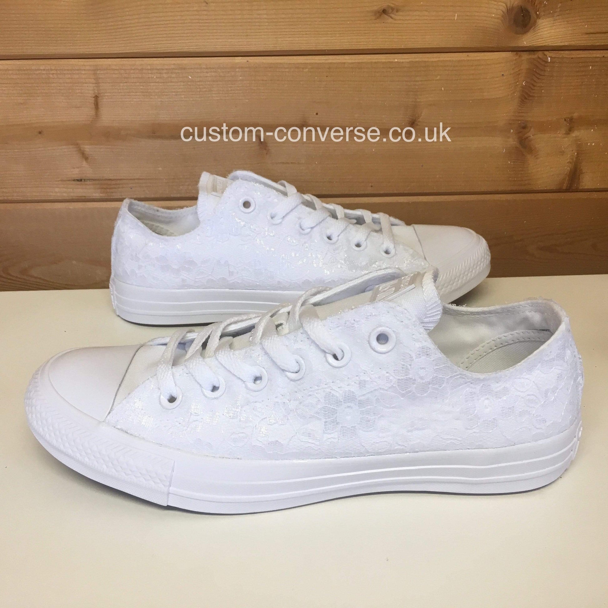Personalised lace Converse wedding shoes with satin laces