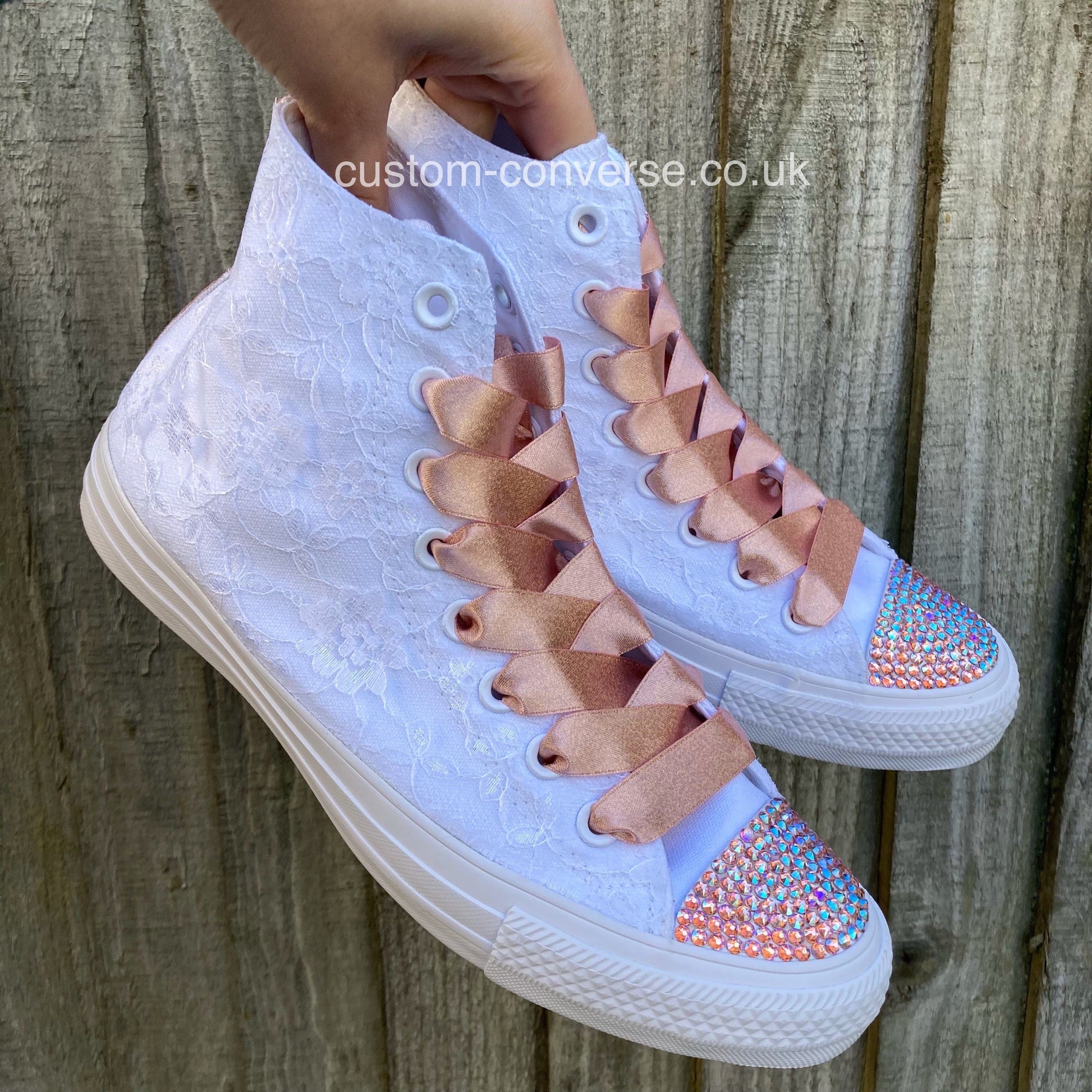 Personalised lace Converse wedding shoes with satin laces