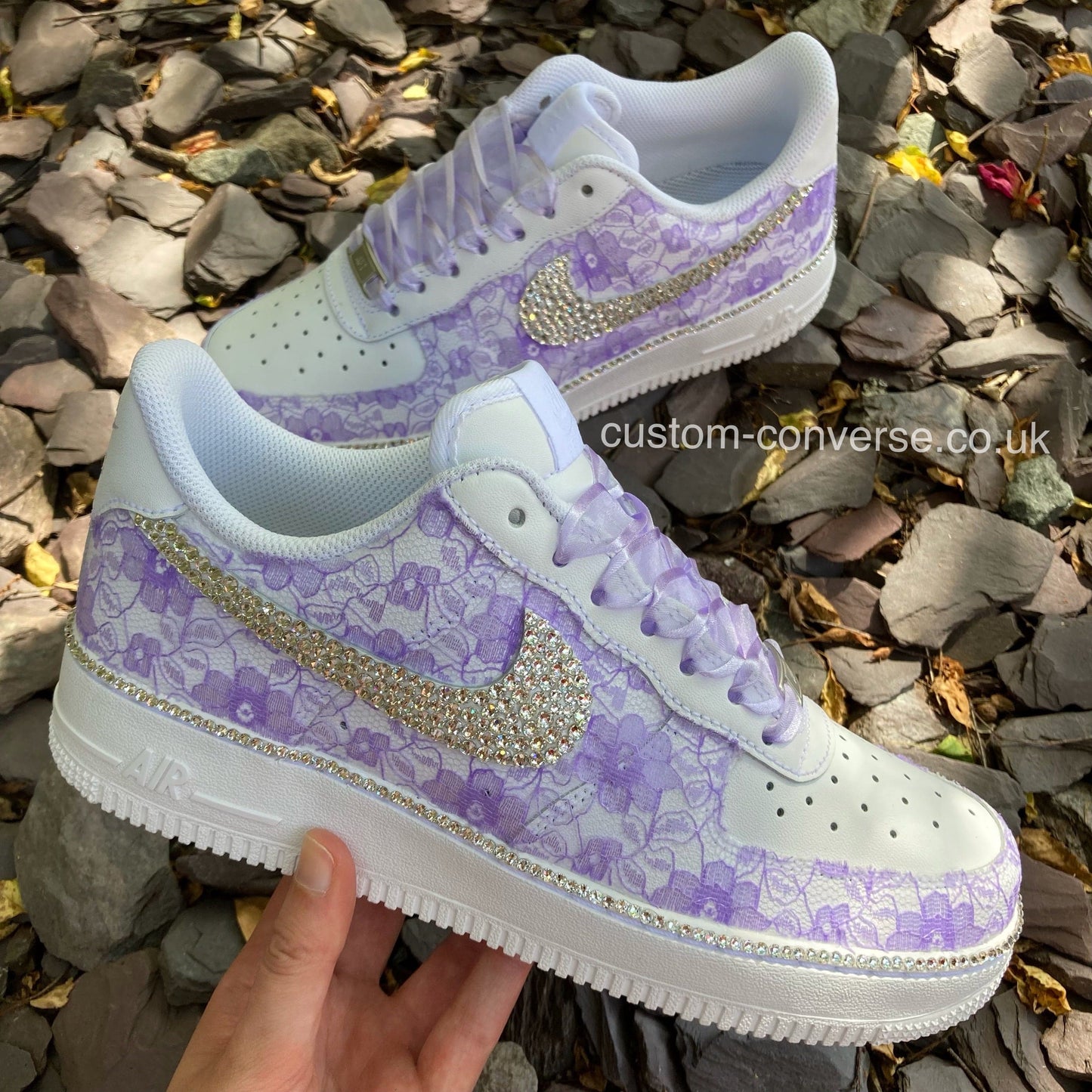 Lace Nike Air Force 1 with crystal swoosh and ribbon laces