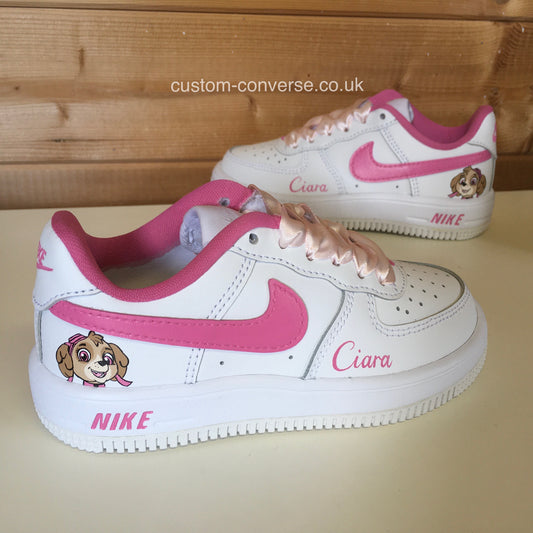Kids Skye Paw Patrol Nike Air Force 1 Trainers with pink swoosh