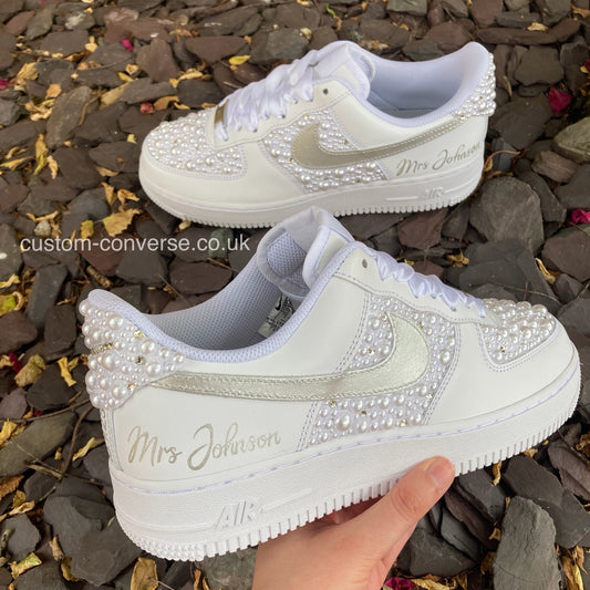 White Pearl and Silver Linked Rings Wedding Air Force 1