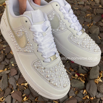 White Pearl and Silver Linked Rings Wedding Air Force 1