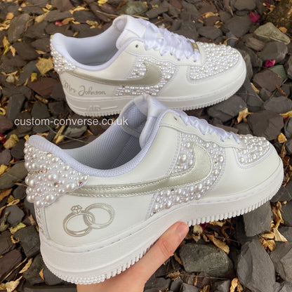 White Pearl and Silver Linked Rings Wedding Air Force 1