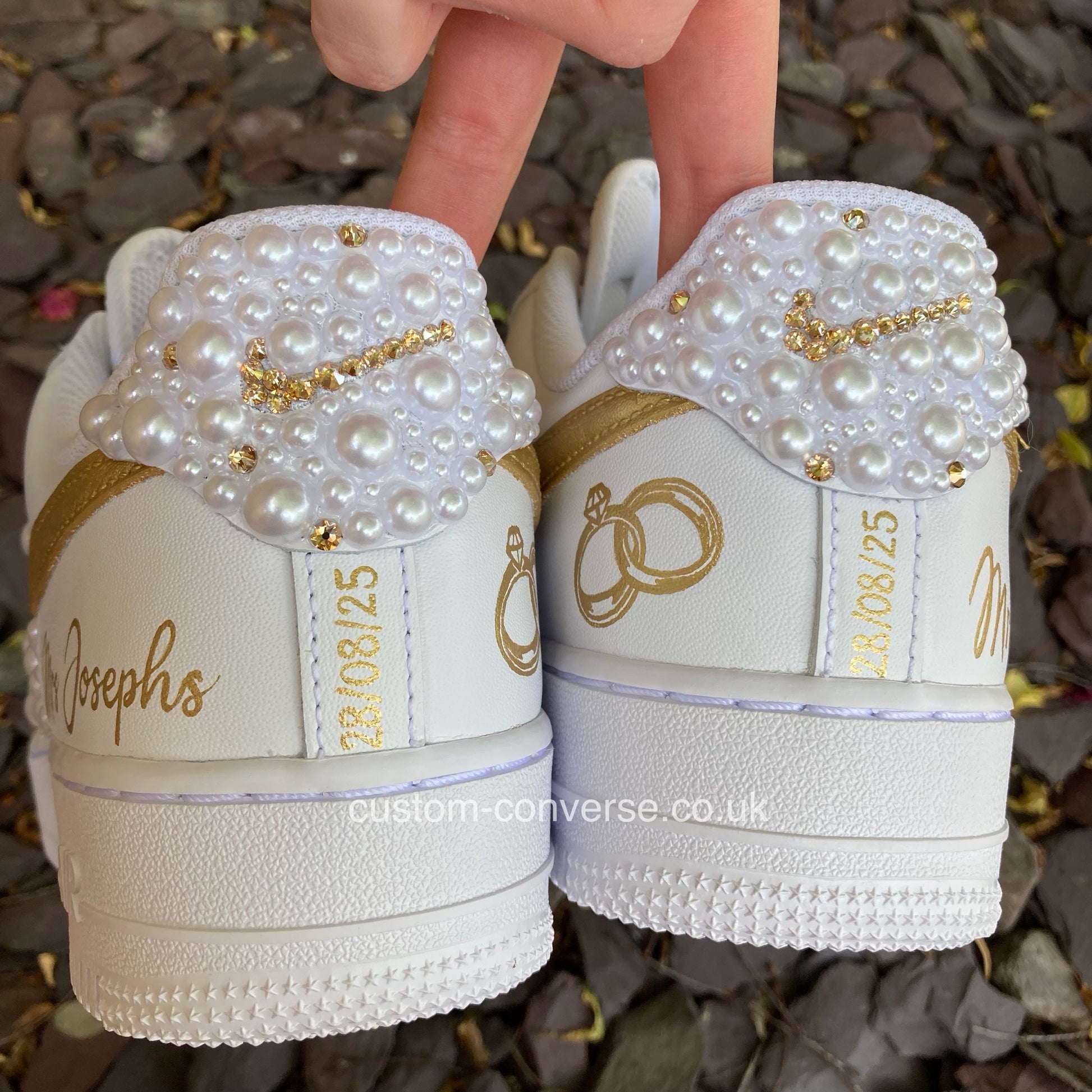 White Pearl and Gold Linked Rings Wedding Air Force