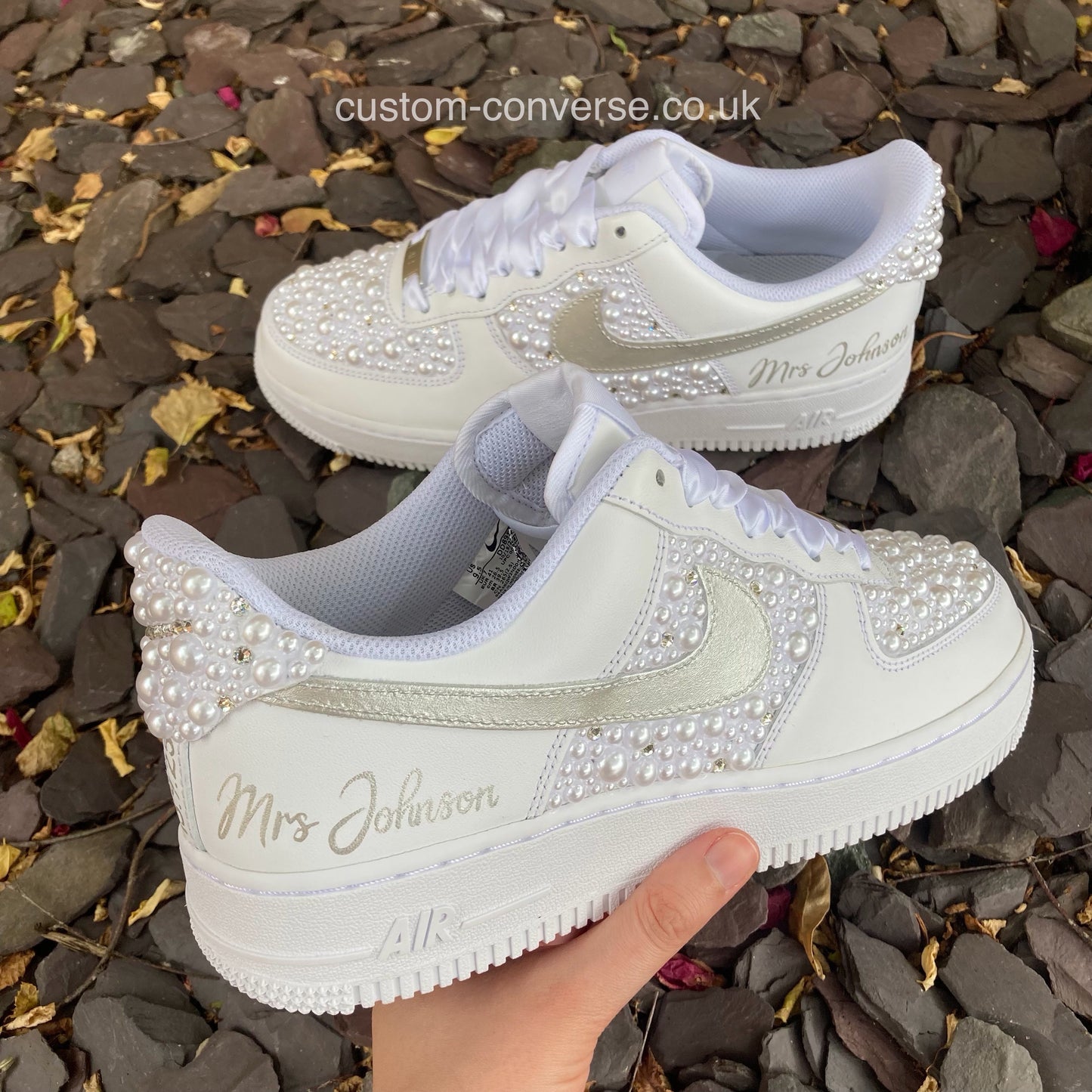 White Pearl and Silver Linked Rings Wedding Air Force 1