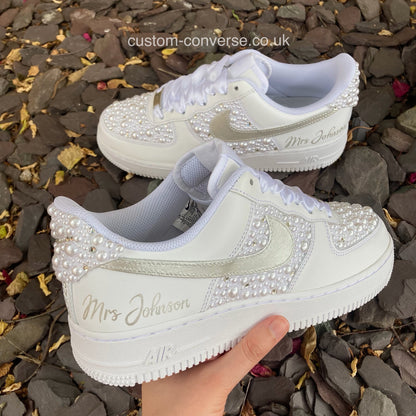 White Pearl and Silver Linked Rings Wedding Air Force 1